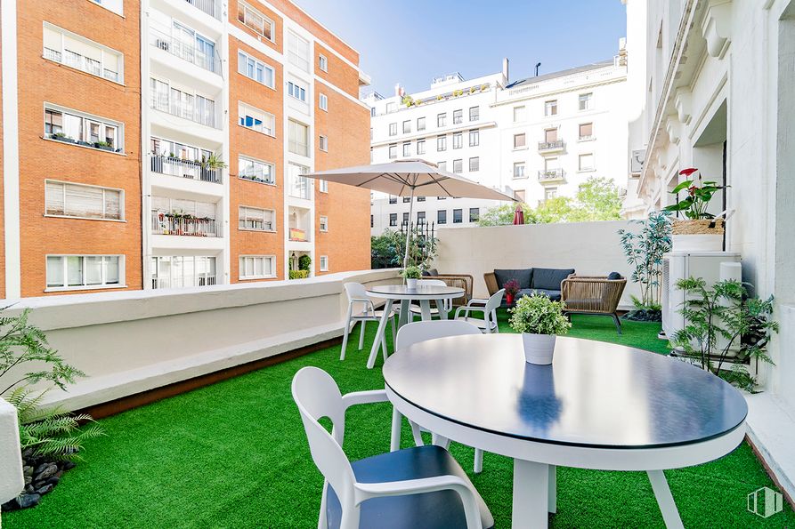 Oficina en alquiler en Calle José Abascal, 44, Chamberí, Madrid, 28003 con silla, mesa, edificio, planta, paraguas, mueble, propiedad, verde, ventana, diseño urbano y diseño de interiores alrededor