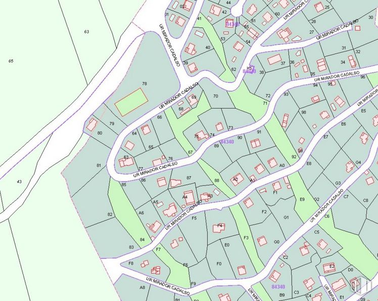 Land for sale at Urbanización Mirador, Cadalso de los Vidrios, Madrid, 28640 with map, land lot, urban design, world, line, parallel, terrestrial plant, slope, plan and intersection around