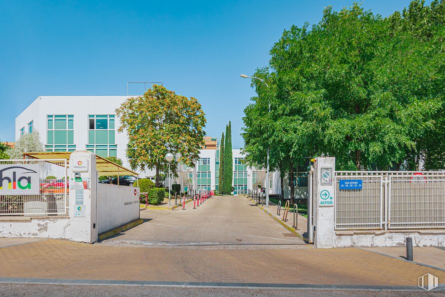 Oficina en alquiler en Calle San Severo, 26, Barajas, Madrid, 28042 con edificio, cielo, planta, ventana, superficie de la carretera, árbol, asfalto, diseño urbano, barrio y casa alrededor