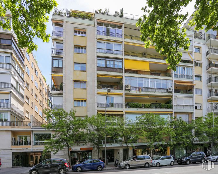 Retail for rent at Paseo Castellana, Chamartín, Madrid, 28046 with building, window, daytime, property, fixture, vegetation, yellow, tower block, architecture and urban design around