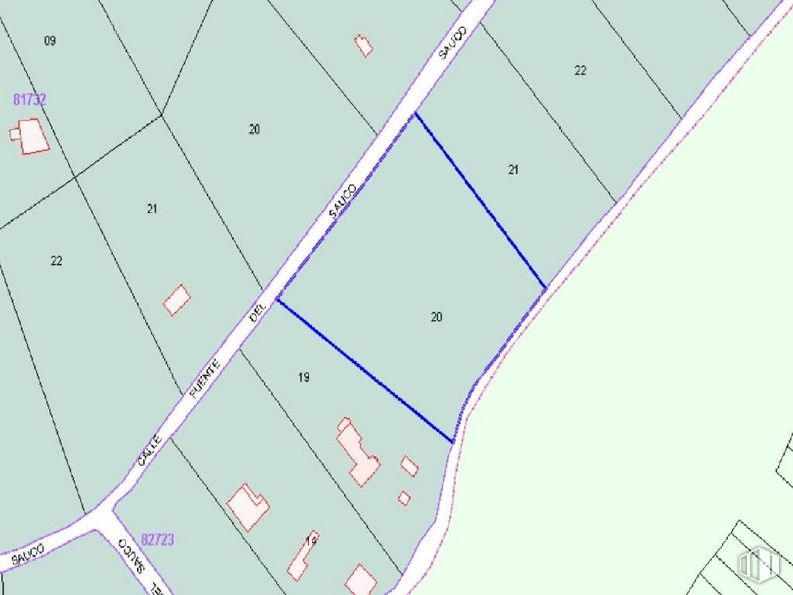 Land for sale at Calle Fuente del Sauco, Loranca de Tajuña, Guadalajara, 19141 with slope, triangle, map, rectangle, font, parallel, pattern, symmetry, magenta and circle around