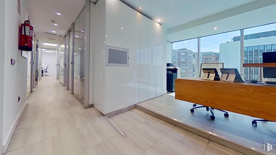 Office for rent at Paseo Castellana, Salamanca, Madrid, 28046 with wood, interior design, building, architecture, floor, hall, flooring, wall, material property and real estate around