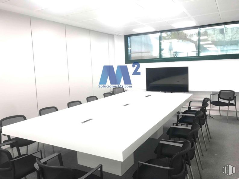 Office for rent at Parque empresarial La Moraleja, Alcobendas, Madrid, 28108 with chair, desk, furniture, interior design, conference room table, flooring, table, ceiling, floor and office chair around