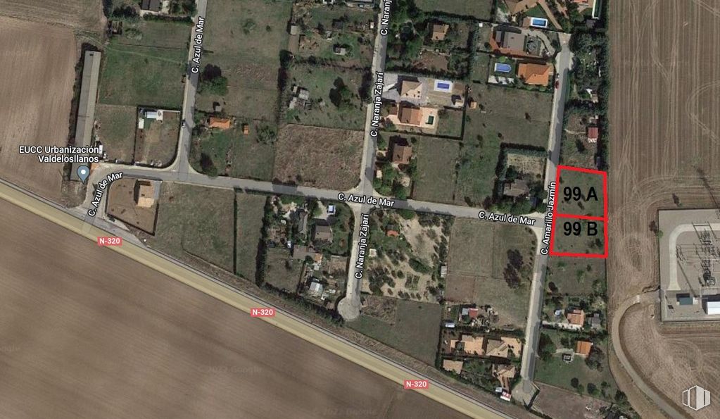 Land for sale at Calle Amarillo Jazmín, 99, El Casar, Guadalajara, 19170 with map, land lot, urban design, residential area, landscape, city, screenshot, bird's-eye view, road and suburb around