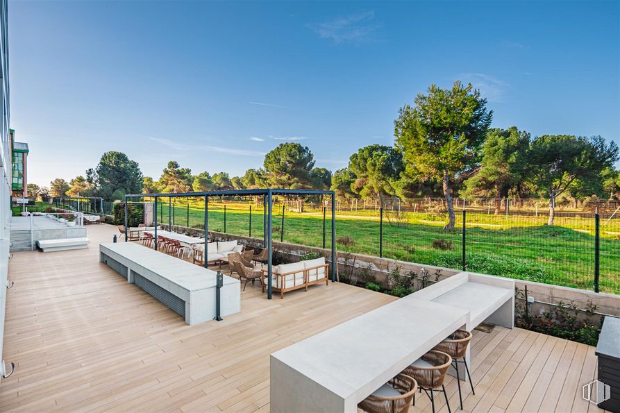 Oficina en alquiler en Camino Cerro de los Gamos, 1, Pozuelo de Alarcón, Madrid, 28224 con silla, mesa de trabajo, cielo, planta, mueble, mesa, sombra, árbol, muebles de exterior y masa de agua alrededor