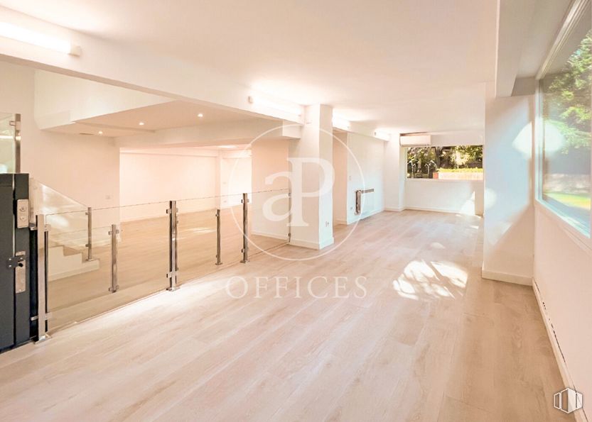 Office for rent at Torre del Retiro, Avenida Menéndez Pelayo, 67, Retiro, Madrid, 28009 with fixture, wood, hall, flooring, hardwood, building, laminate flooring, wood stain, ceiling and window around