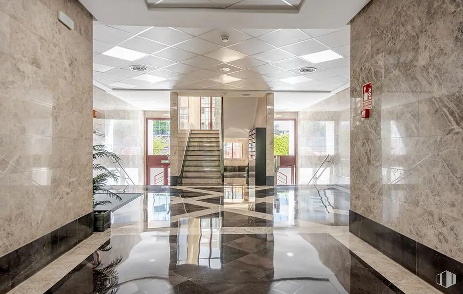 Office for sale at Calle Rosa Lima, Las Rozas de Madrid, Madrid, 28290 with houseplant, fixture, flooring, real estate, wood, glass, tile flooring, ceiling, hall and building around