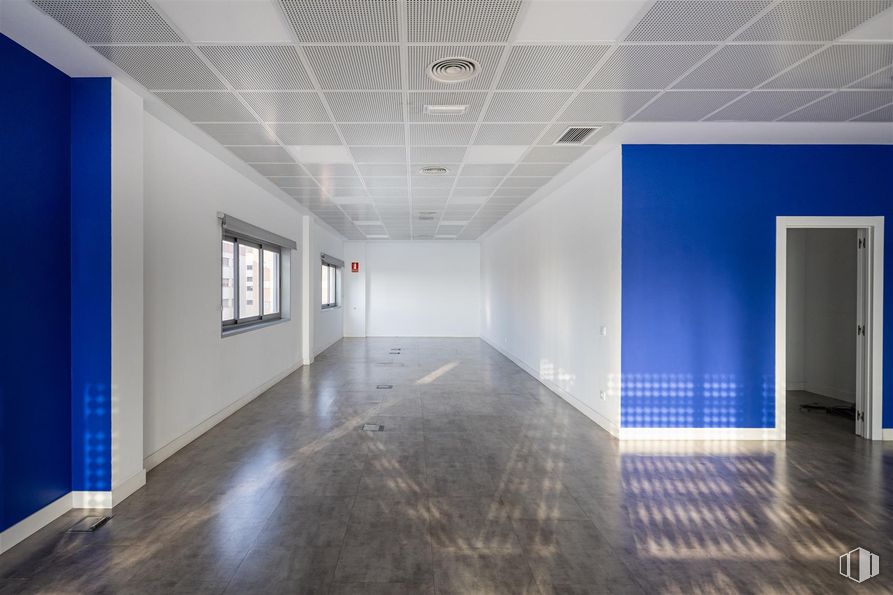 Oficina en alquiler en Edificio Cidro, Calle Cidro, 2, Carabanchel, Madrid, 28044 con ventana, puerta, azul, hall, edificio, interiorismo, accesorio, madera, suelos y suelo alrededor