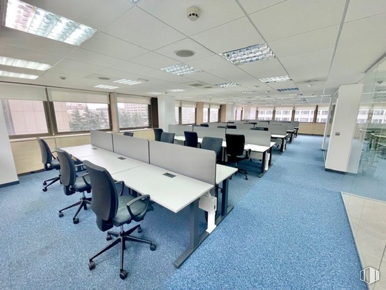 Oficina en alquiler en Edificio Cuzco III, Paseo Castellana, 135, Tetuán, Madrid, 28046 con silla, escritorio, mesa, mueble, silla de oficina, interiorismo, suelo, suelos, techo y ciudad alrededor