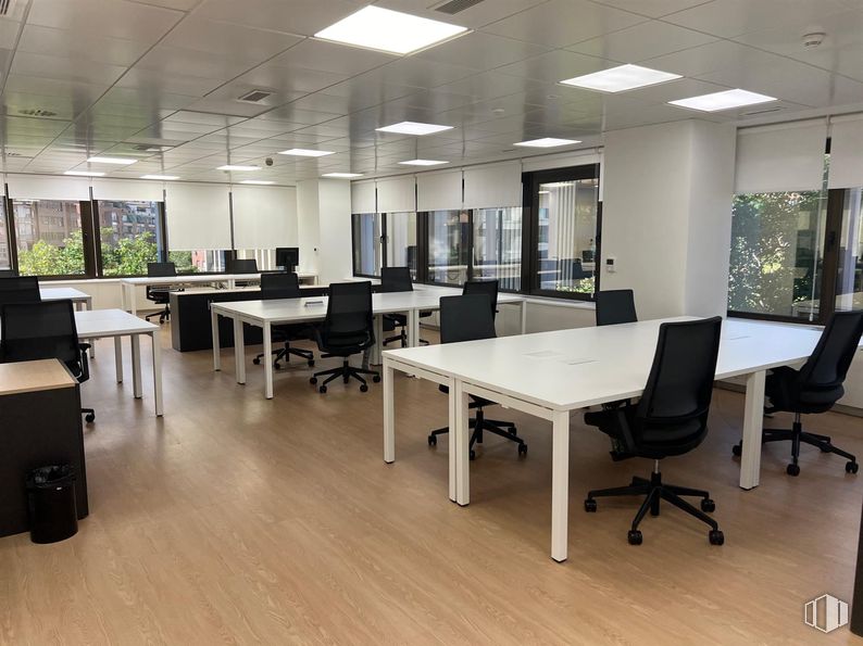 Office for rent at Calle Agustín de Foxá, 27, Chamartín, Madrid, 28036 with chair, desk, light fixture, lighting, table, furniture, wood, office chair, fixture and flooring around