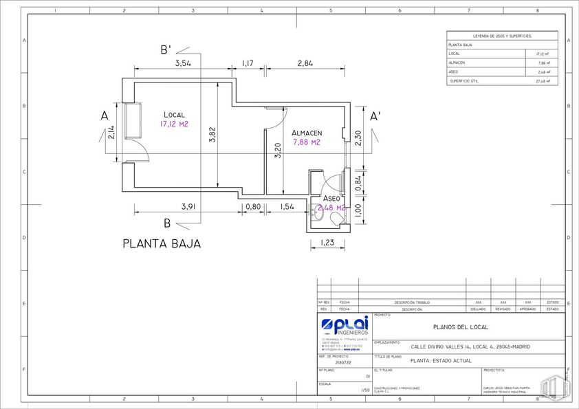 Local en alquiler en Calle Divino Vallés, 14, Arganzuela, Madrid, 28045 con producto, rectángulo, fuente, pendiente, esquema, en paralelo, patrón, plan, dibujo técnico y diagrama alrededor