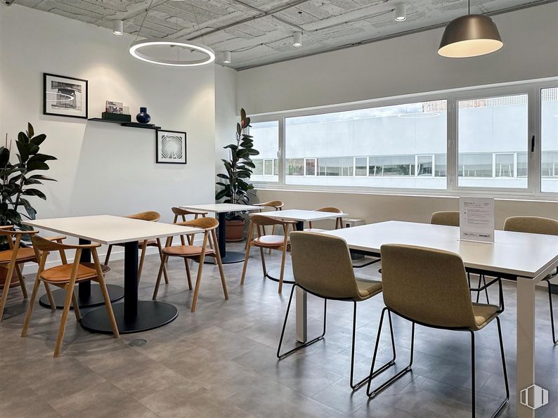 Oficina en alquiler en Regus Tres Cantos, Ronda Poniente, 2, Tres Cantos, Madrid, 28760 con silla, lámpara, alumbrado, mesa de cocina y comedor, mesa, planta, mueble, propiedad, edificio y madera alrededor