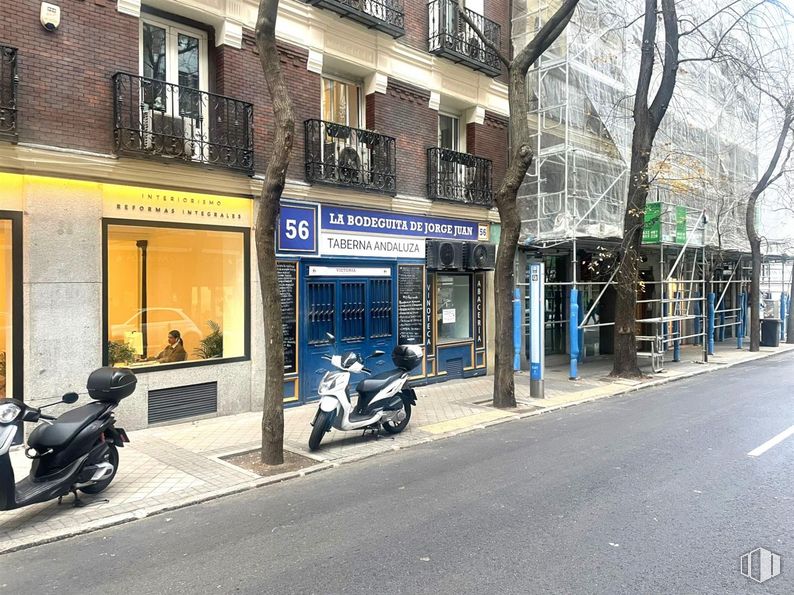 Local en alquiler en Calle Jorge Juan, 56, Salamanca, Madrid, 28009 con motocicleta, neumático, rueda, edificio, ventana, vehículo, infraestructura, superficie de la carretera, vehículo de motor y árbol alrededor