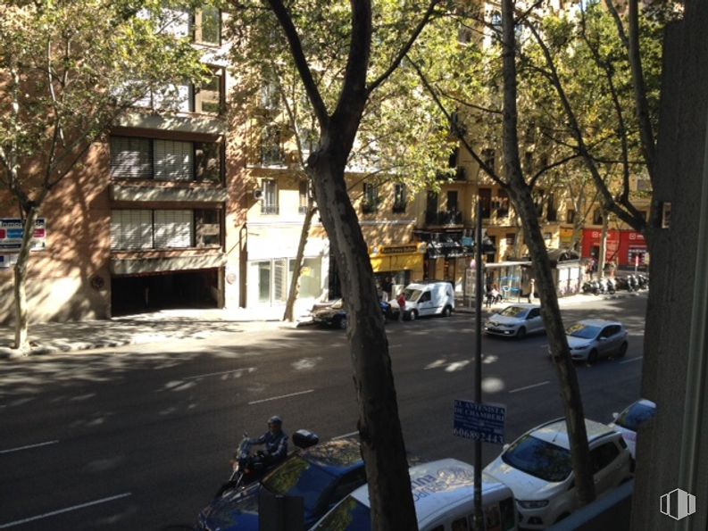 Oficina en alquiler en Calle Ríos Rosas, 36, Chamberí, Madrid, 28003 con coche, ventana, edificio, árbol, planta, superficie de la carretera, rama, sombra, vehículo, rueda, luz de sol y vehículo de motor alrededor