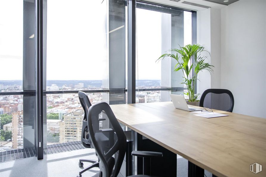 Oficina en alquiler en Torre Europa, Paseo Castellana, 95, Tetuán, Madrid, 28046 con mesa, planta de interior, silla, , planta, mueble, edificio, ventana,  y  alrededor