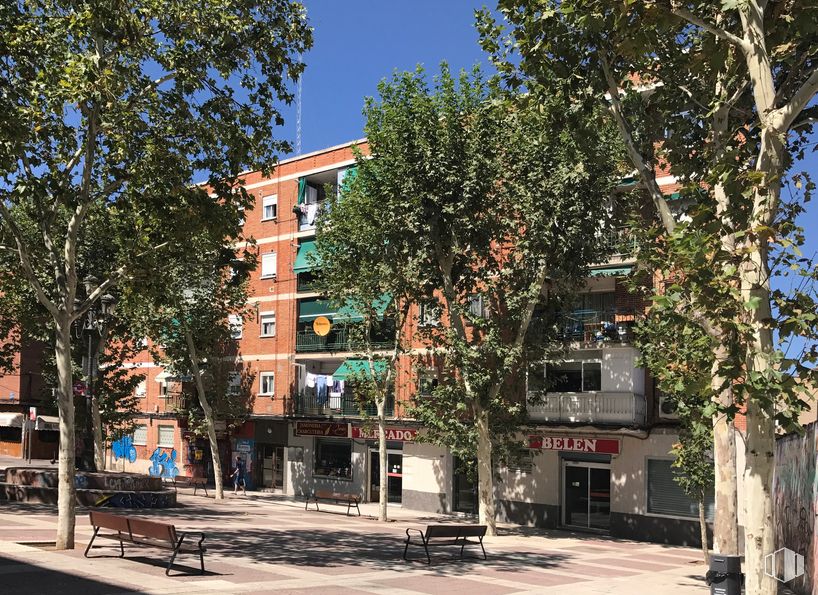 Local en alquiler y venta en Calle Fátima, 3, Fuenlabrada, Madrid, 28943 con mesa de trabajo, edificio, planta, banco exterior, superficie de carretera, diseño urbano, cielo, árbol, barrio y sombra alrededor