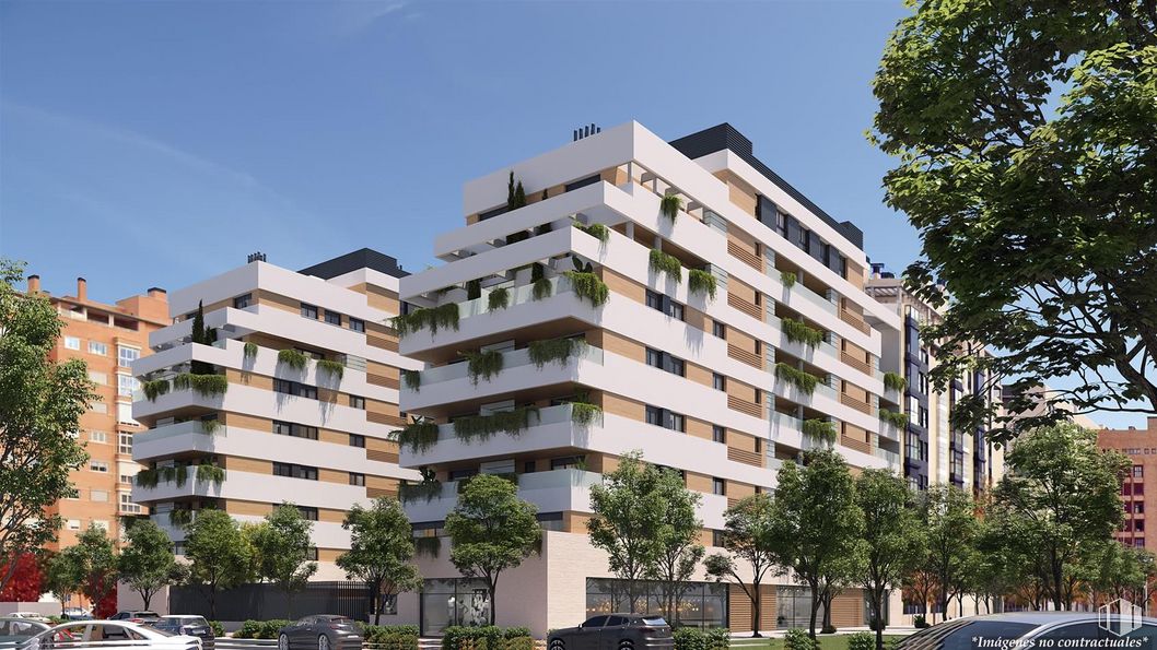 Local en venta en Residencial Manhattan, Avenida de la Gran Vía del Suroeste, 39, Villa de Vallecas, Madrid, 28031 con edificio, cielo, durante el día, propiedad, ventana, coche, árbol, planta, bloque de pisos y vehículo alrededor