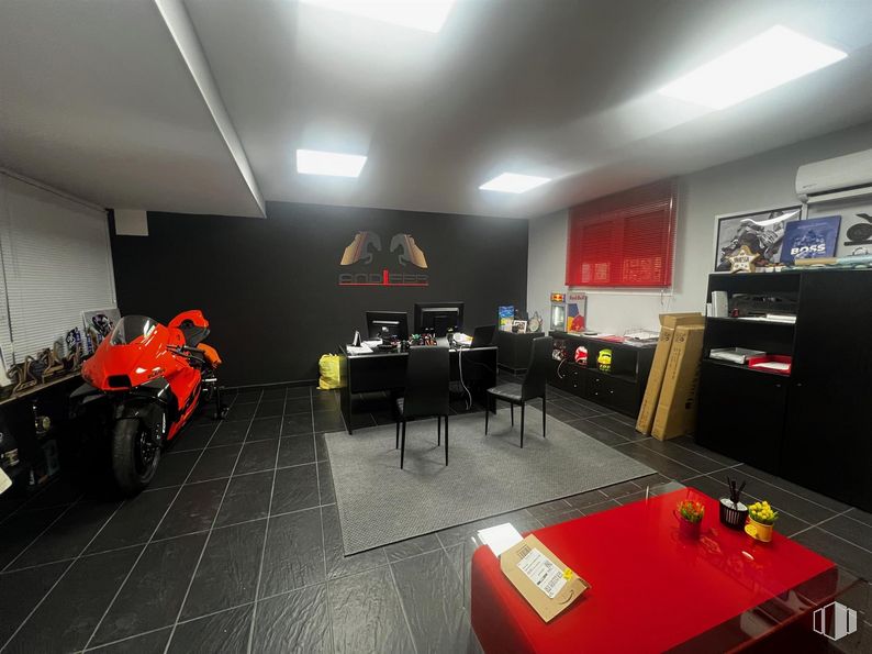 Industrial for sale at Urbanización Casablanca, Collado Villalba, Madrid, 28400 with chair, motorcycle, tire, wheel, table top, light fixture, table, automotive design, interior design and flooring around