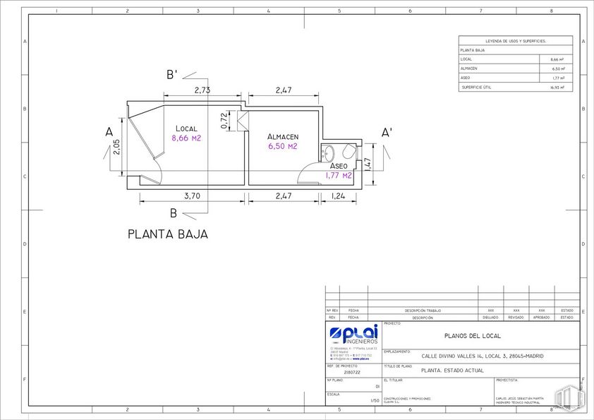 Local en alquiler en Calle Divino Vallés, 14, Arganzuela, Madrid, 28045 con rectángulo, fuente, pendiente, en paralelo, patrón, diagrama, ingeniería, número, esquema y plan alrededor