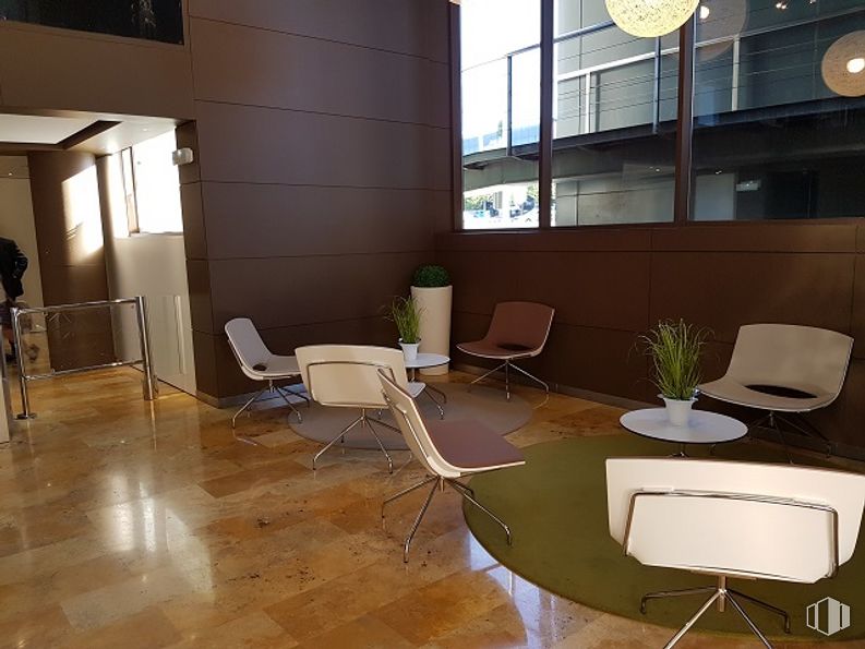 Office for rent at Edificio Castellana Hall, Paseo Castellana, 257, Fuencarral - El Pardo, Madrid, 28046 with chair, houseplant, table, furniture, property, window, plant, lighting, wood and flooring around