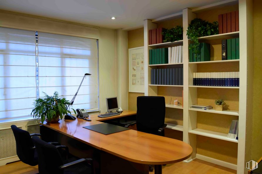 Oficina en alquiler en Calle Velázquez, 86 B, Salamanca, Madrid, 28006 con mesa, silla, alumbrado, mueble, propiedad, planta, silla de oficina, estante, planta de interior y estantería alrededor