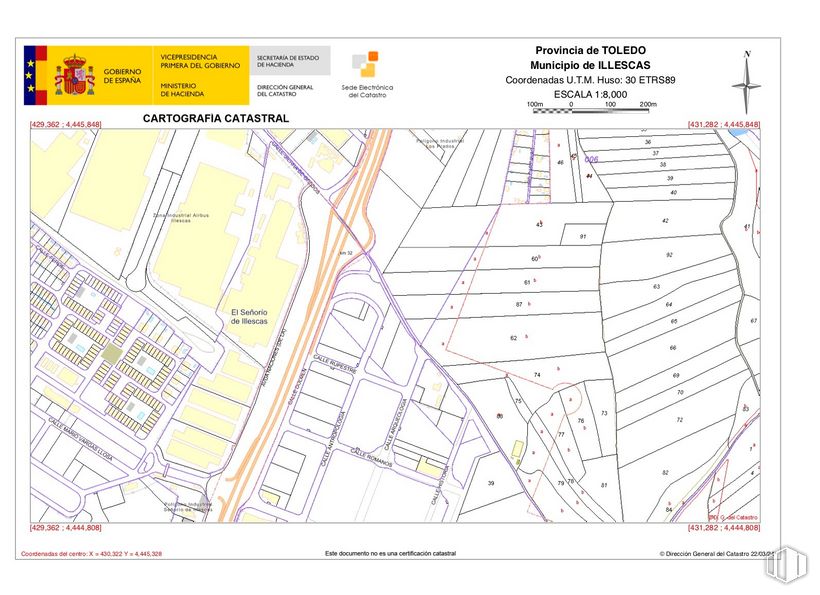 Suelo en venta en Polígono Las Cárcavas III, Illescas, Toledo, 45200 con mapa, rectángulo, pendiente, diseño urbano, línea, fuente, en paralelo, captura de pantalla, plan y planta terrestre alrededor