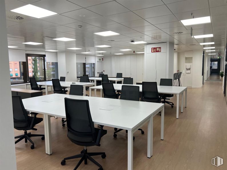 Office for rent at Calle Agustín de Foxá, 27, Chamartín, Madrid, 28036 with chair, desk, light fixture, lighting, table, furniture, building, fixture, office chair and interior design around