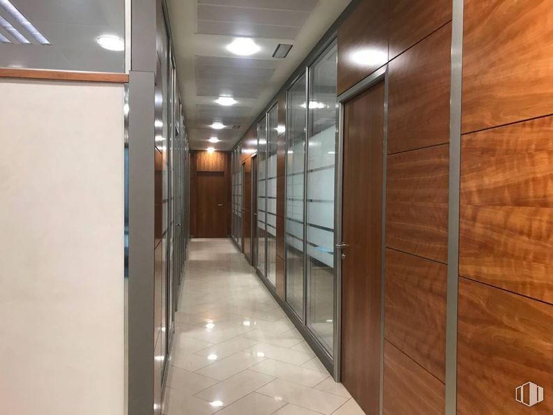 Oficina en alquiler y venta en Zona Bravo Murillo, Tetuán, Madrid, 28020 con accesorio, puerta, interiorismo, suelos, edificio, suelo, hall, techo, vidrio y madera alrededor