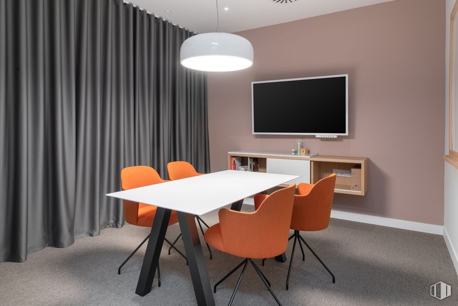 Office for rent at Edificio Helios, Spaces Campo Naciones, Hortaleza, Madrid, 28033 with chair, lighting, table, television, furniture, property, building, kitchen & dining room table, orange and architecture around