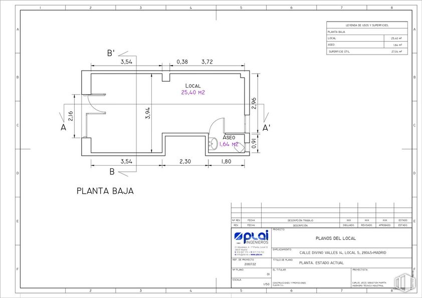 Local en alquiler en Calle Divino Vallés, 14, Arganzuela, Madrid, 28045 con rectángulo, fuente, pendiente, en paralelo, esquema, ingeniería, patrón, plan, diagrama y dibujo técnico alrededor