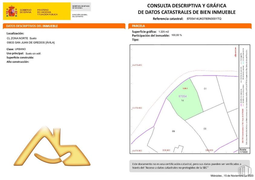 Land for sale at Calle Zona Norte, San Juan de Gredos, Ávila, 05633 with rectangle, slope, yellow, font, triangle, line, parallel, screenshot, symmetry and terrestrial plant around