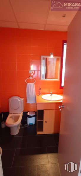 Industrial for sale at Polígono Las Cubiertas, Griñón, Madrid, 28971 with toilet, mirror, plumbing fixture, sink, tap, bathroom sink, property, bathroom, building and purple around